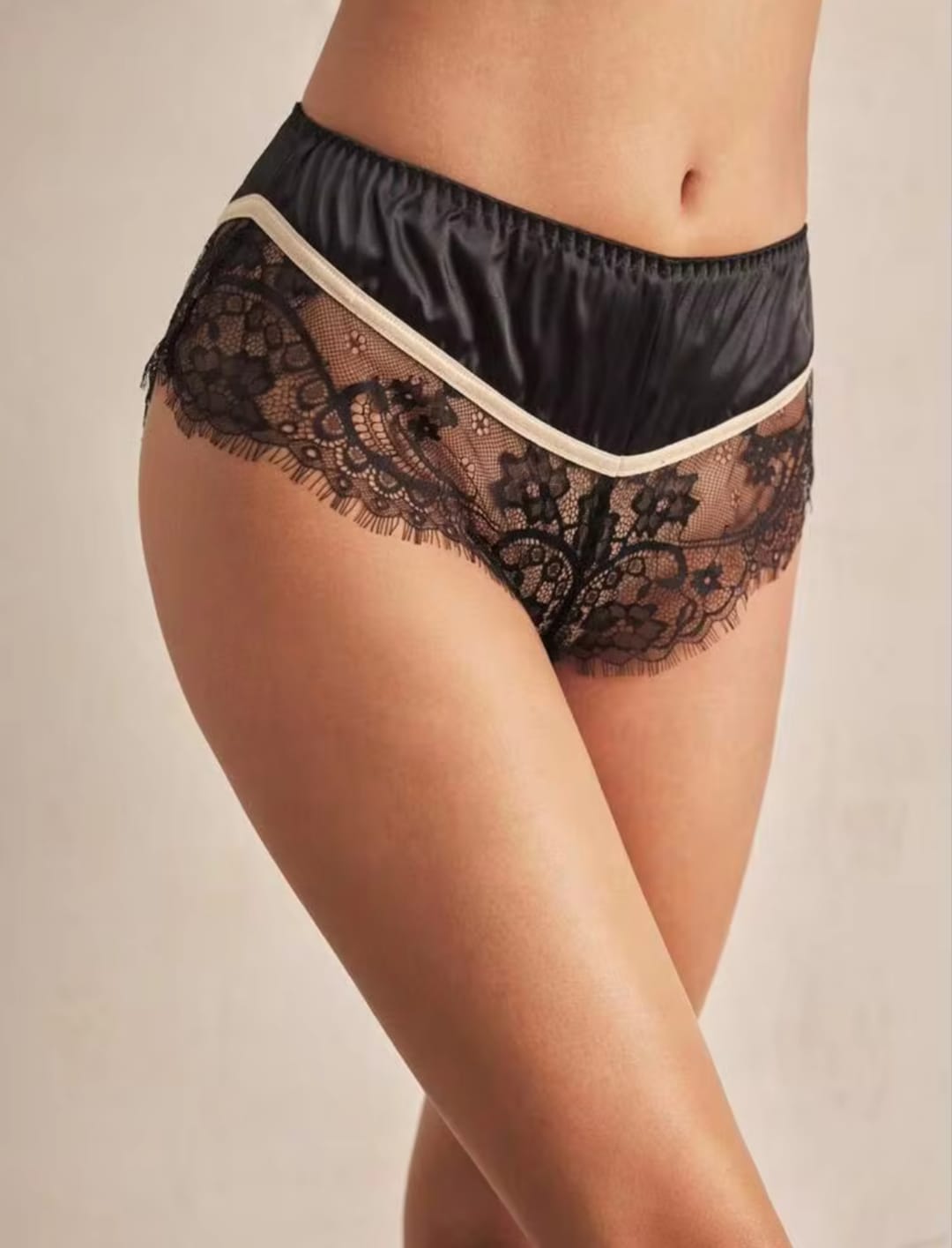 Women's Black Satin & Eyelash Floral Lace High-Waisted Lingerie Shorts / French Cut Briefs